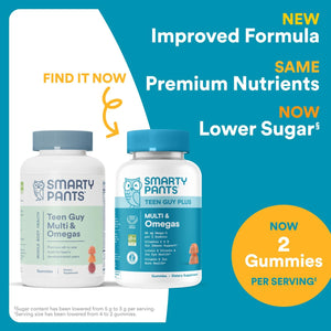 SmartyPants Teen Guy Formula, Daily Multivitamin Gummies: Vitamins C, B12, K, Zinc, & Biotin for Immune Support, Energy, Skin & Hair Support, Assorted Fruit Flavor, 120 Gummies (30 Day Supply)