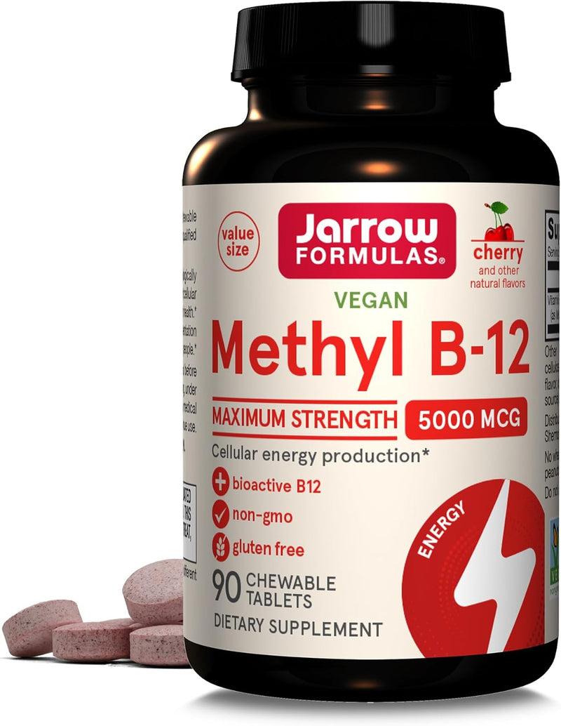 Jarrow Formulas Methyl Vitamin B12 5000 mcg - 60 Chewable Tablets, Naturally Fruit Flavored- Bioactive B12 Vitamin - Supports Cellular Energy Production, Brain Health & Metabolism - 60 Servings
