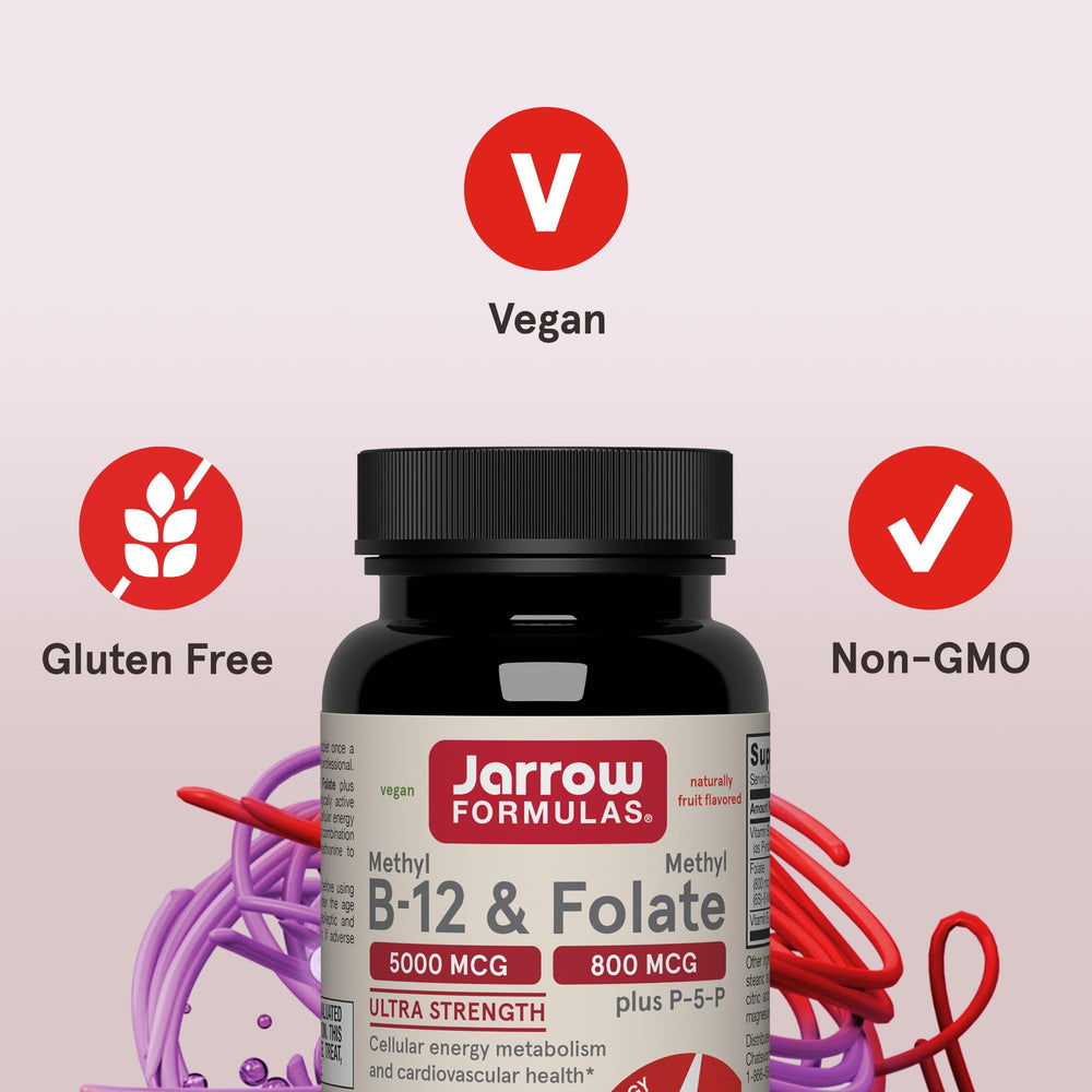 Jarrow Formulas Ultra Strength Methyl B-12 5000 mcg & Methyl Folate 800 mcg + P-5-P, Supplement for Cellular Energy Metabolism and Cardiovascular Support, 60 Chewable Tablets, 60 Day Supply, 12 Packs