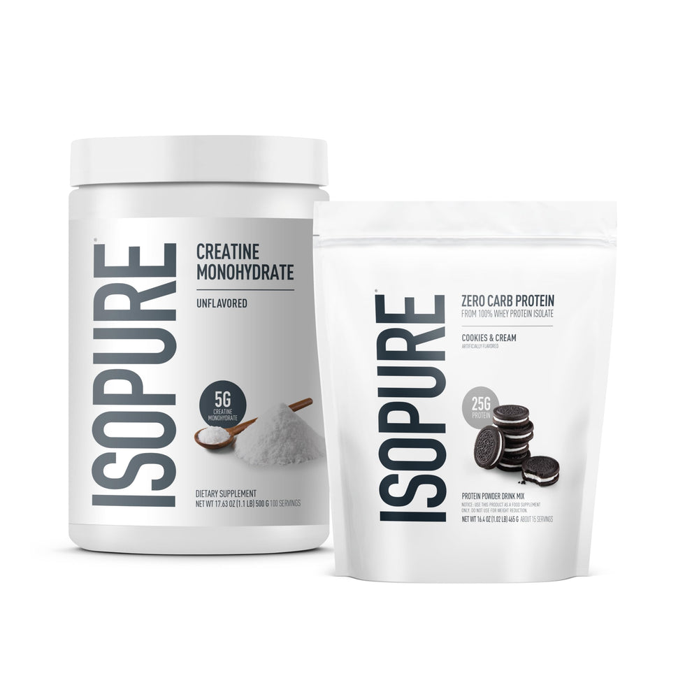 Isopure Bundle of Zero Carb 100% Pure Whey Isolate Protein Powder, Strawberries & Cream, 25g Protein Per Serving, 1 Lb, 15 Servings + Isopure 100% Pure Creatine Monohydrate Powder, 100 Servings