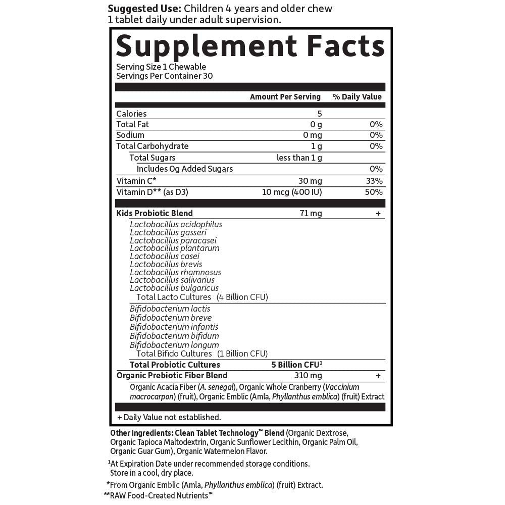 Garden of Life Dr. Formulated Probiotics Organic Kids+ plus Vitamin C & D - Berry Cherry - Gluten, Dairy & Soy Free Immune & Digestive Health Supplement, No Added Sugar, 30 Chewables (Shelf Stable)