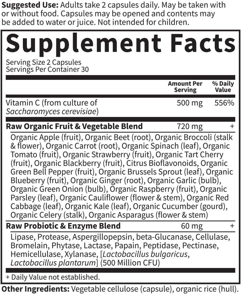 Garden of Life Vitamin Code Raw Vitamin C - 60 Capsules, 500mg Whole Food Vitamin C Capsules + Fruit & Veggie Blend & Probiotics, Supplements for Adults, Vegan, Gluten Free