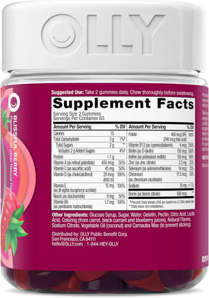 OLLY Women's Daily Multivitamin Gummy, Vitamins A, D, C, E, Biotin, Folic Acid, Adult Chewable Vitamin, Berry Flavor, 65 Day Supply - 130 Count