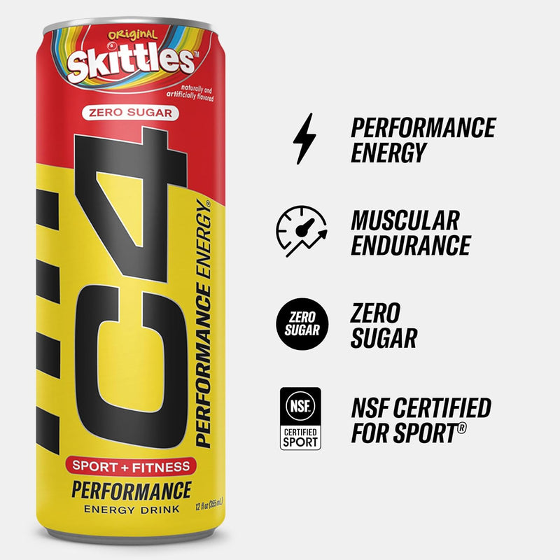 Cellucor C4 Energy Drink, SKITTLES™, Carbonated Sugar Free Pre Workout Performance Drink with no Artificial Colors or Dyes, 12 Oz, Pack of 24