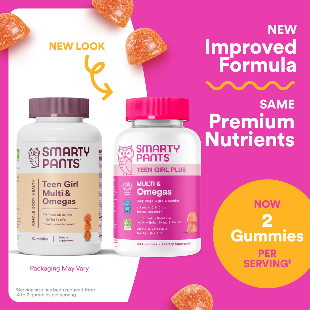 SmartyPants Teen Girl Multivitamin Gummies - Improved Formula: Omega 3 (DHA/EPA), Vitamin C, D3, B12, Vitamin A, K & Zinc, Biotin to Support Hair, Skin & Nails, Gluten Free, 60 Count (30 Day Supply)
