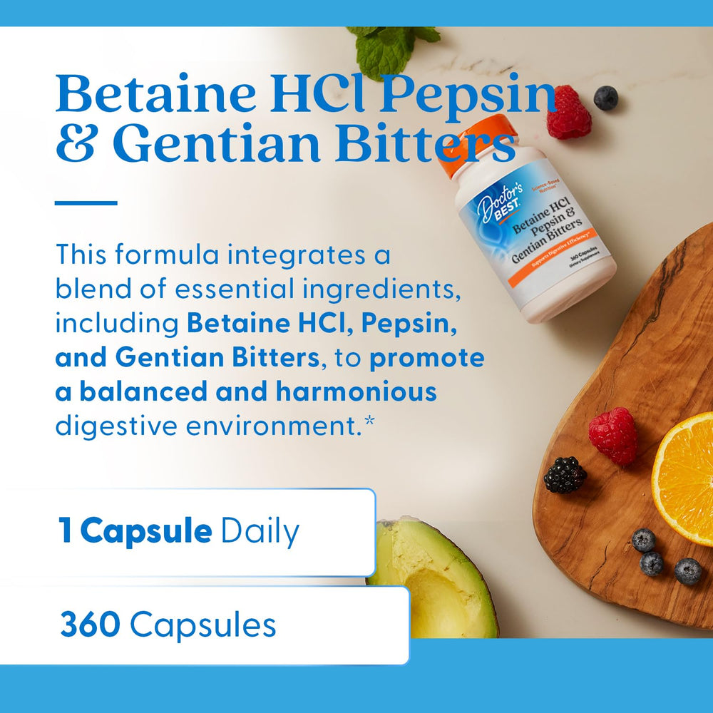 Doctor's Best Betaine HCI Pepsin & Gentian Bitters, Digestive Enzymes for Protein Breakdown & Absorption, Non-GMO, Gluten Free, 360 Count (Pack of 1)