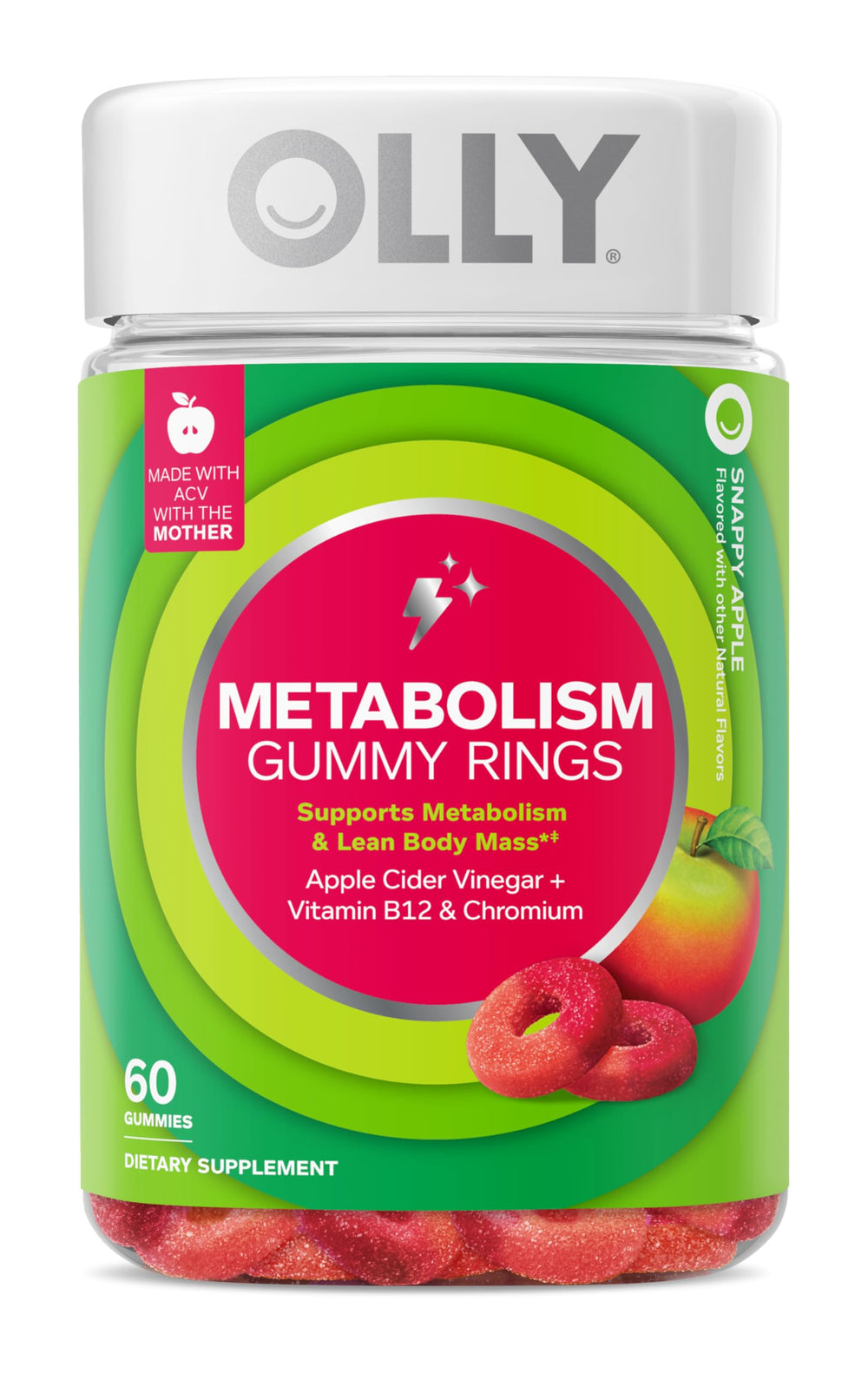 OLLY Metabolism Gummy Rings, Apple Cider Vinegar, Vitamin B12, Chromium, Energy and Digestive Health, Chewable Supplement, Apple Flavor - 30 Count
