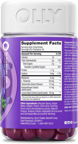 OLLY Sleep Gummy, 3mg Melatonin, L-Theanine, Chamomile, Lemon Balm, Sleep Aid, BlackBerry, 90 Count