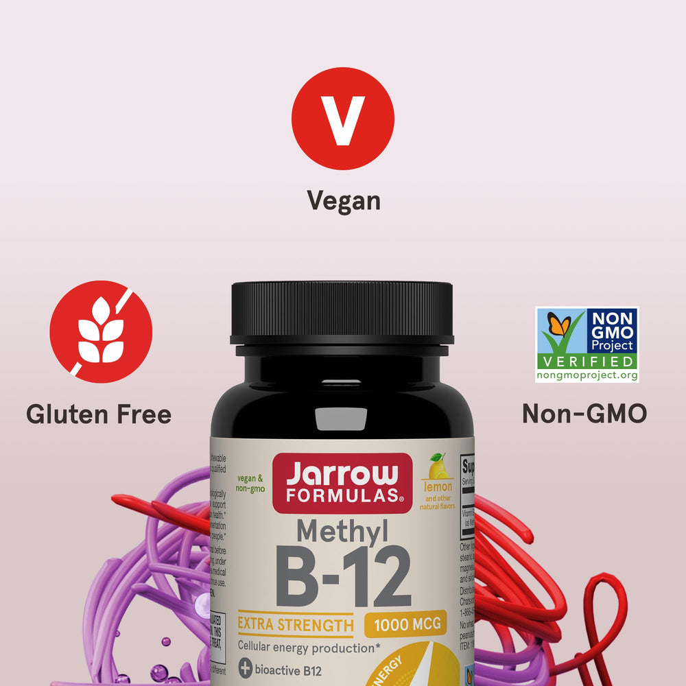 Jarrow Formulas Extra Strength Methyl B-12, Dietary Supplement for Cellular Energy Production, 100 Lemon-Flavored Chewable Tablets, Up to a 100 Day Supply, Pack of 12