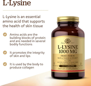 Solgar L-Lysine 1000 mg, 100 Tablets - Enhanced Absorption and Assimilation - Promotes Integrity of Skin and Lips - Collagen Support - Amino Acids - Non GMO, Vegan, Gluten Free - 100 Servings