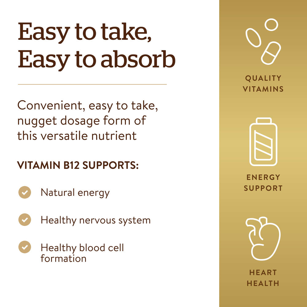 Solgar Vitamin B12 1000 mcg, 100 Nuggets - Energy Production, Red Blood Cells - Healthy Nervous System - Promotes Cardiovascular Health - Vitamin B - Non-GMO, Gluten Free, Kosher - 100 Servings