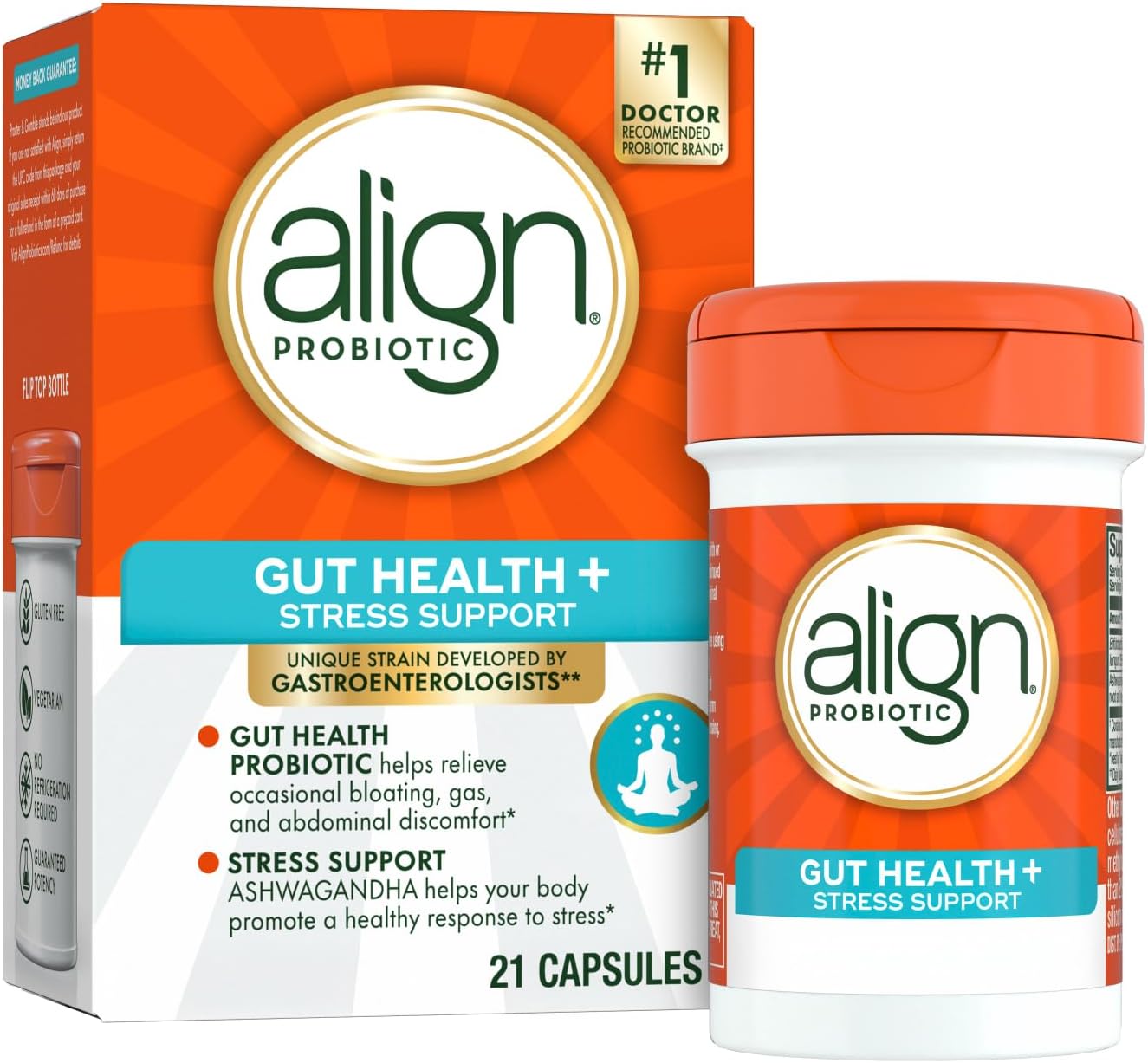 Align Probiotic, Gut Health + Stress Support, with Probiotics for Digestive Health and Ashwagandha to Help Calm Mind and Body*, #1 Doctor Recommended Brand‡, 21 Capsules