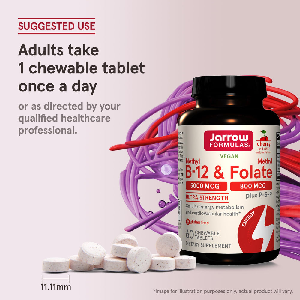 Jarrow Formulas Ultra Strength Methyl B-12 5000 mcg & Methyl Folate 800 mcg + P-5-P, Supplement for Cellular Energy Metabolism and Cardiovascular Support, 60 Chewable Tablets, 60 Day Supply, 12 Packs