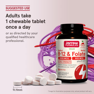 Jarrow Formulas Ultra Strength Methyl B-12 5000 mcg & Methyl Folate 800 mcg + P-5-P, Supplement for Cellular Energy Metabolism and Cardiovascular Support, 60 Chewable Tablets, 60 Day Supply, 12 Packs