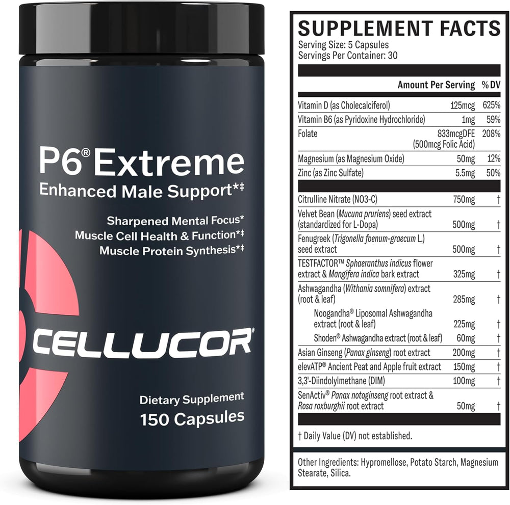 Cellucor P6 Extreme - Enhanced Support for Men | Supports Muscle Growth & Strength | Natural Support Supplement with TESTFACTOR, Ginseng, elevATP, DIM, SenActiv & Fenugreek - 150 Caps