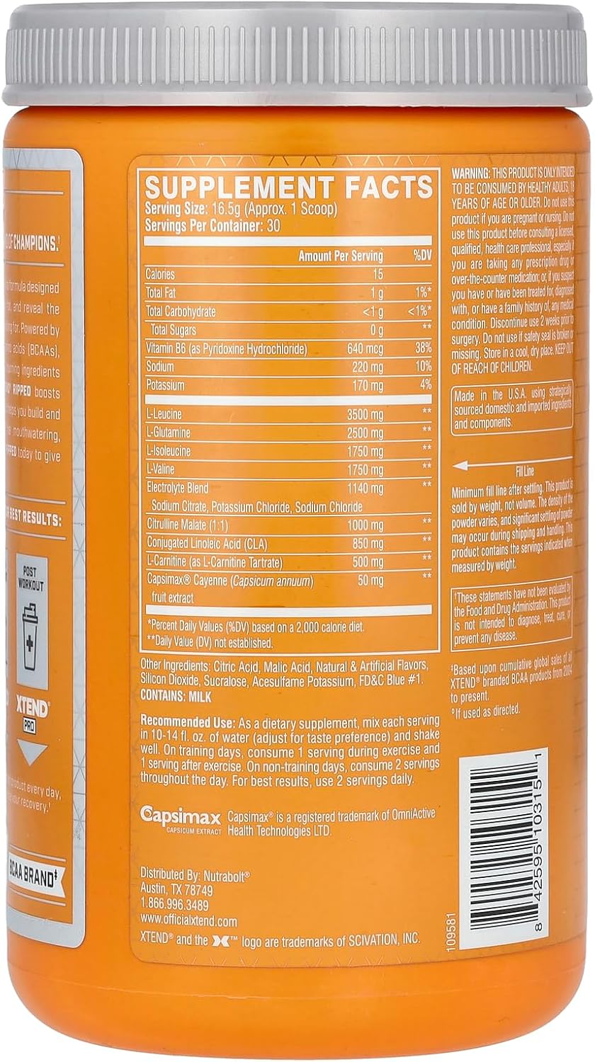 Xtend Ripped BCAA Powder Blueberry Lemonade - Cutting Formula + Sugar Free Post Workout Muscle Recovery Drink with Amino Acids - 7g BCAAs for Men & Women - 30 Servings