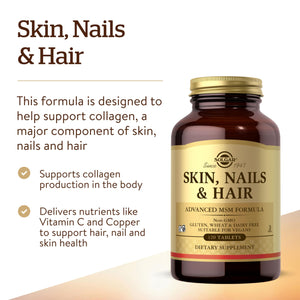 Solgar Skin, Nails & Hair, Advanced MSM Formula, 120 Tablets - Supports Collagen for Hair, Nail and Skin Health - Provides Zinc, Vitamin C & Copper - Non GMO, Vegan, Gluten & Dairy Free - 60 Servings