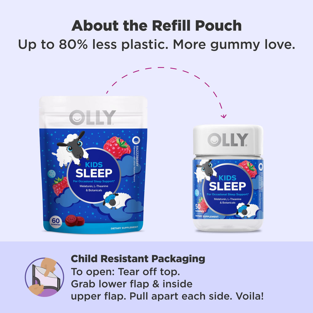 OLLY Kids Sleep Gummy, Occasional Sleep Support, 0.5mg Melatonin, L Theanine, Chamomile, and Lemon Balm Extracts, Childrens Chewable Supplement, Raspberry Flavor - 90 Count