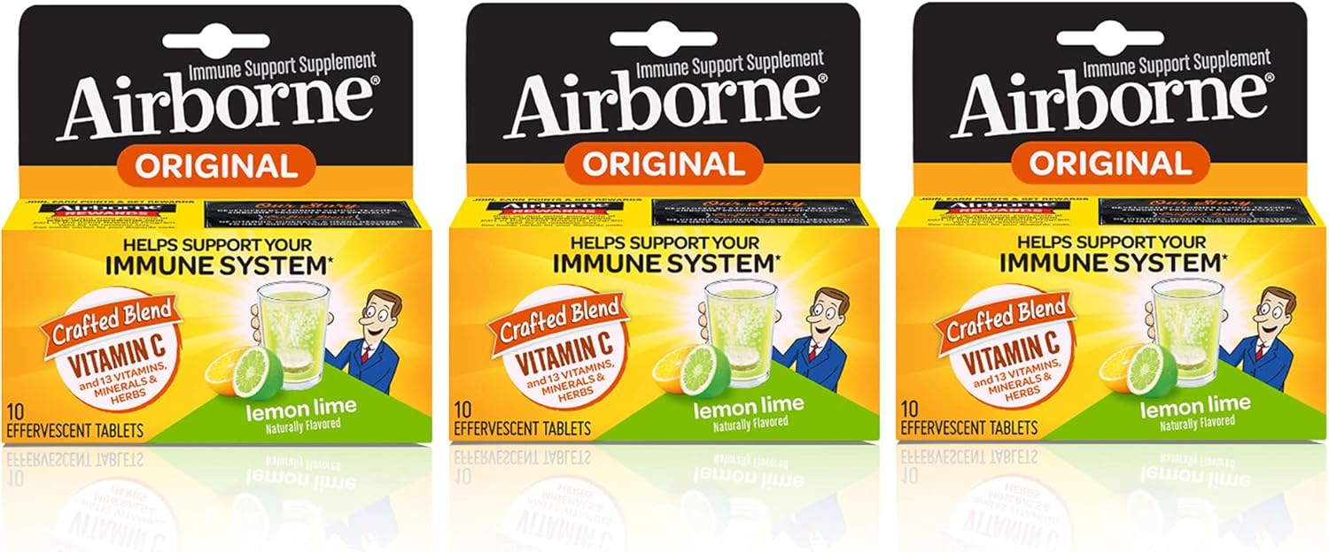 Airborne Lemon Lime Effervescent Tablets, 10 count - 1000mg of Vitamin C - Immune Support Supplement (Packaging May Vary) (Pack of 3)