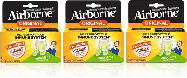 Airborne Lemon Lime Effervescent Tablets, 10 count - 1000mg of Vitamin C - Immune Support Supplement (Packaging May Vary) (Pack of 3)