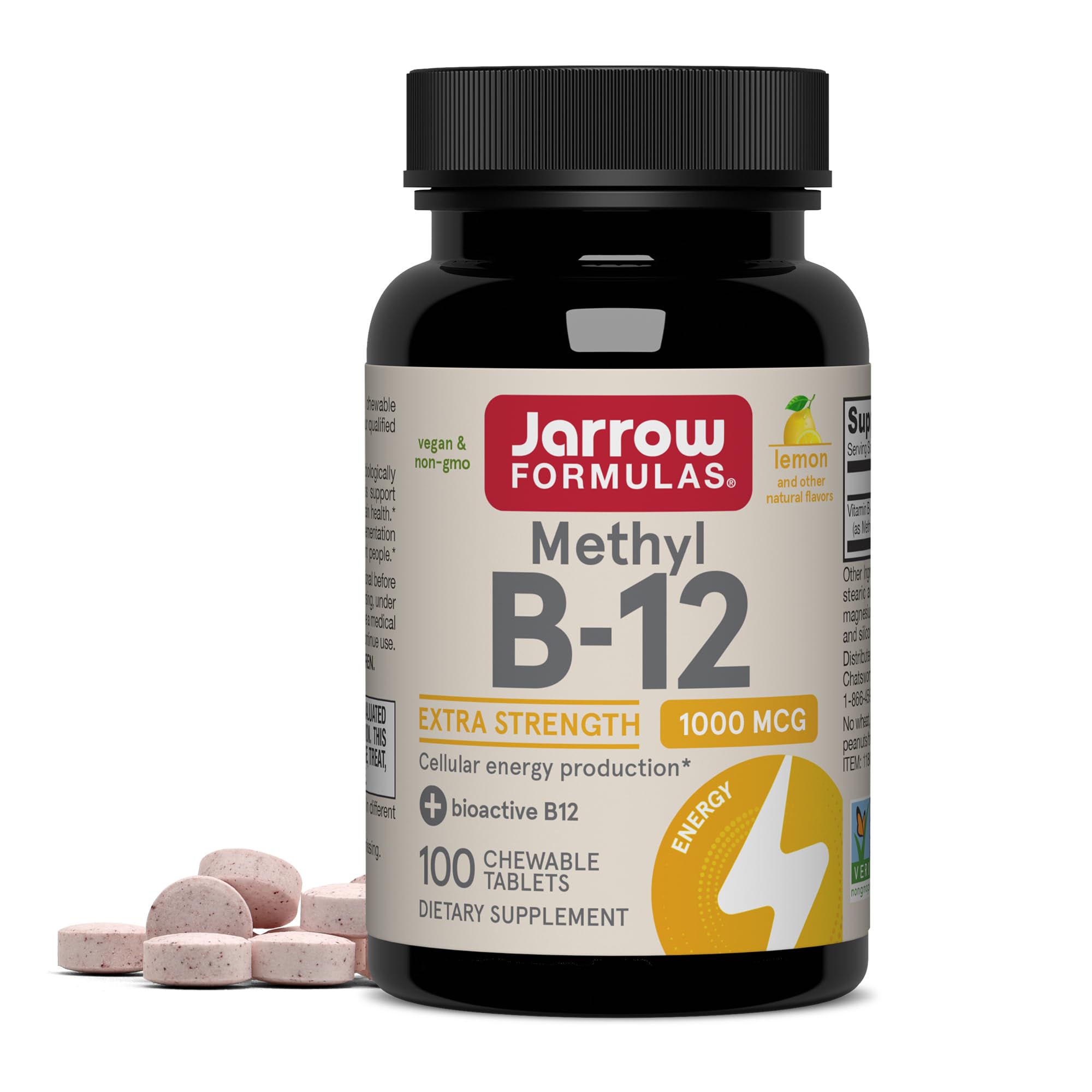 Jarrow Formulas Extra Strength Methyl B-12, Dietary Supplement for Cellular Energy Production, 100 Lemon-Flavored Chewable Tablets, Up to a 100 Day Supply, Pack of 12