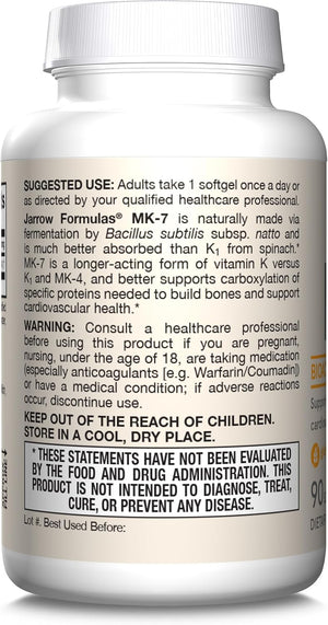Jarrow Formulas MK-7 90 mcg - Bioactive Form of Vitamin K2-90 Servings (Softgels) - for Bone & Cardiovascular Health - Vitamin K2 MK-7 Dietary Supplement - Gluten Free