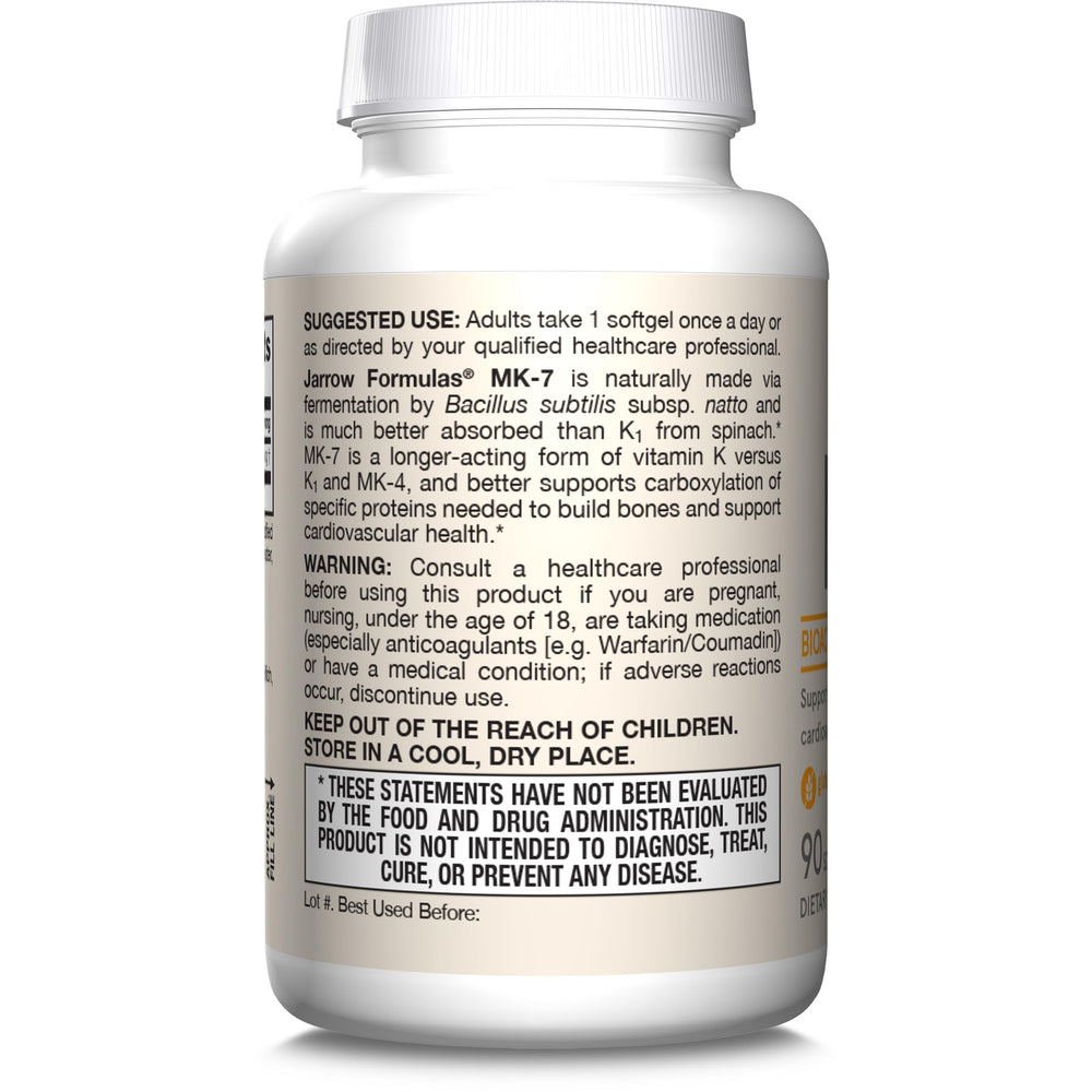 Jarrow Formulas MK-7 90 mcg - Bioactive Form of Vitamin K2-120 Servings (Softgels) - for Bone & Cardiovascular Health - Vitamin K2 MK-7 Dietary Supplement - Gluten Free