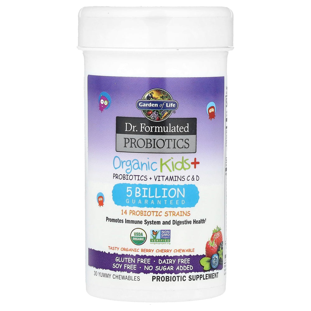 Garden of Life Dr. Formulated Probiotics Organic Kids+ plus Vitamin C & D - Berry Cherry - Gluten, Dairy & Soy Free Immune & Digestive Health Supplement, No Added Sugar, 30 Chewables (Shelf Stable)
