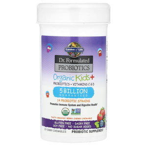 Garden of Life Dr. Formulated Probiotics Organic Kids+ plus Vitamin C & D - Berry Cherry - Gluten, Dairy & Soy Free Immune & Digestive Health Supplement, No Added Sugar, 30 Chewables (Shelf Stable)