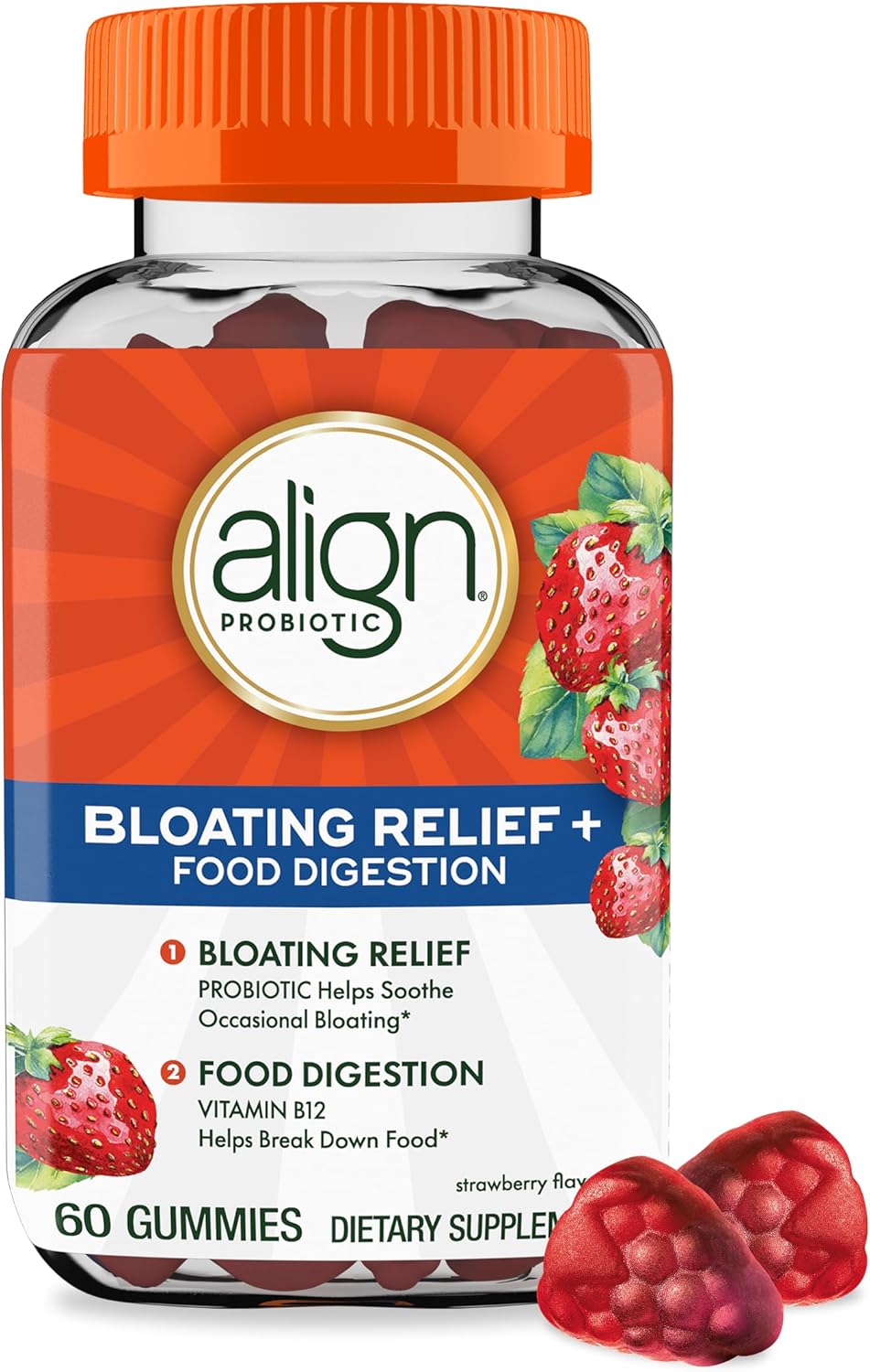 Align Probiotic, Bloating Relief + Food Digestion, Probiotics for Women and Men, Probiotic Helps Soothe Occasional Bloating*, With Vitamin B12 to Help Break Down Food into Cellular Energy*,60 Gummies