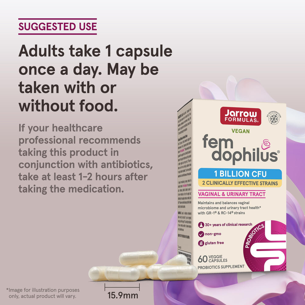Jarrow Formulas Fem-Dophilus Probiotics 1 Billion CFU with 2 Science-Backed Strains, Dietary Suppl for Vaginal and Urinary Tract Supp,60 Veggie Caps,Up to a 60 Day Supply, Shelf-Stable,12 Packs