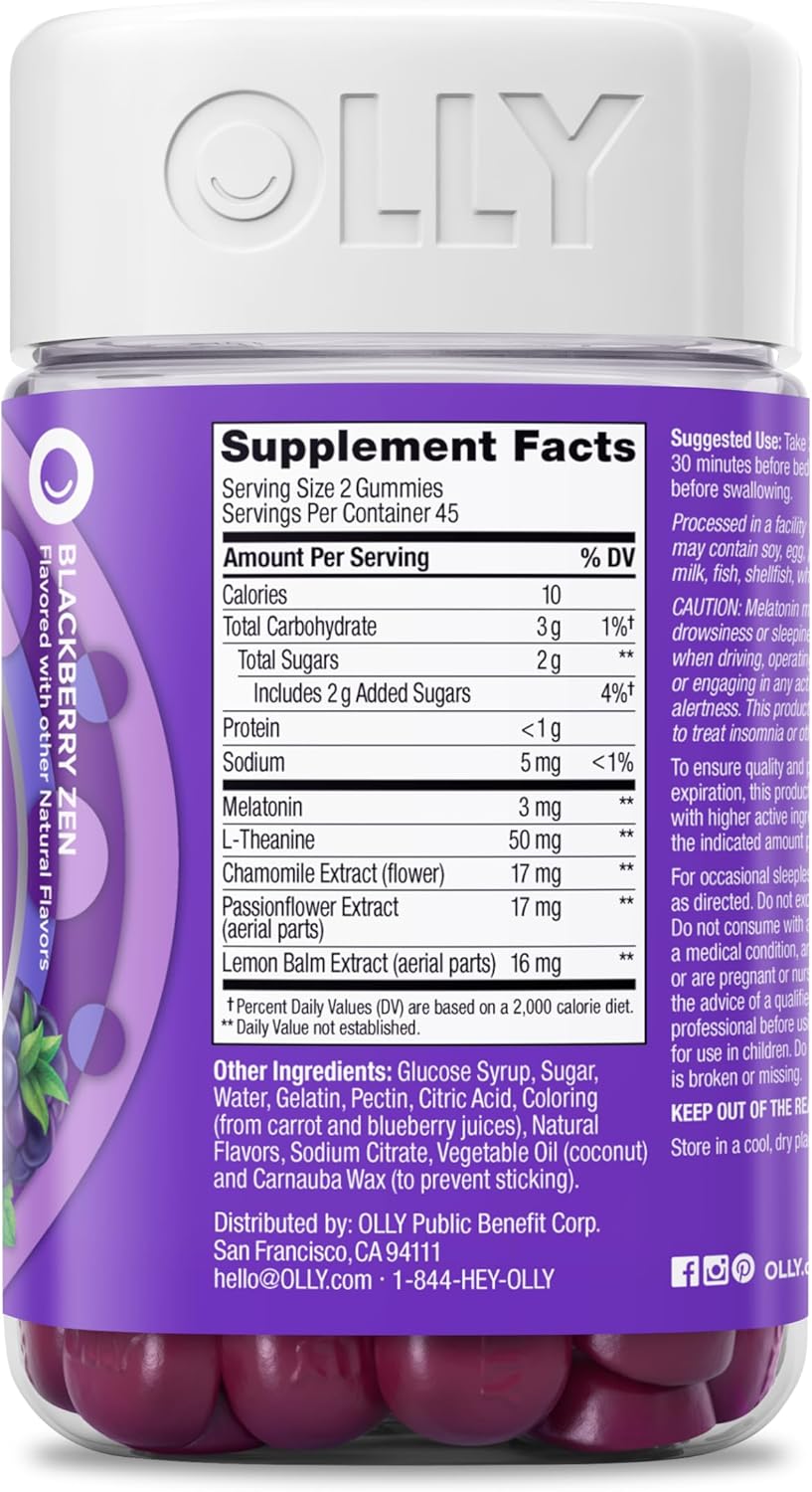 OLLY Sleep Gummy, 3mg Melatonin, L-Theanine, Chamomile, Lemon Balm, Sleep Aid, BlackBerry, 90 Count