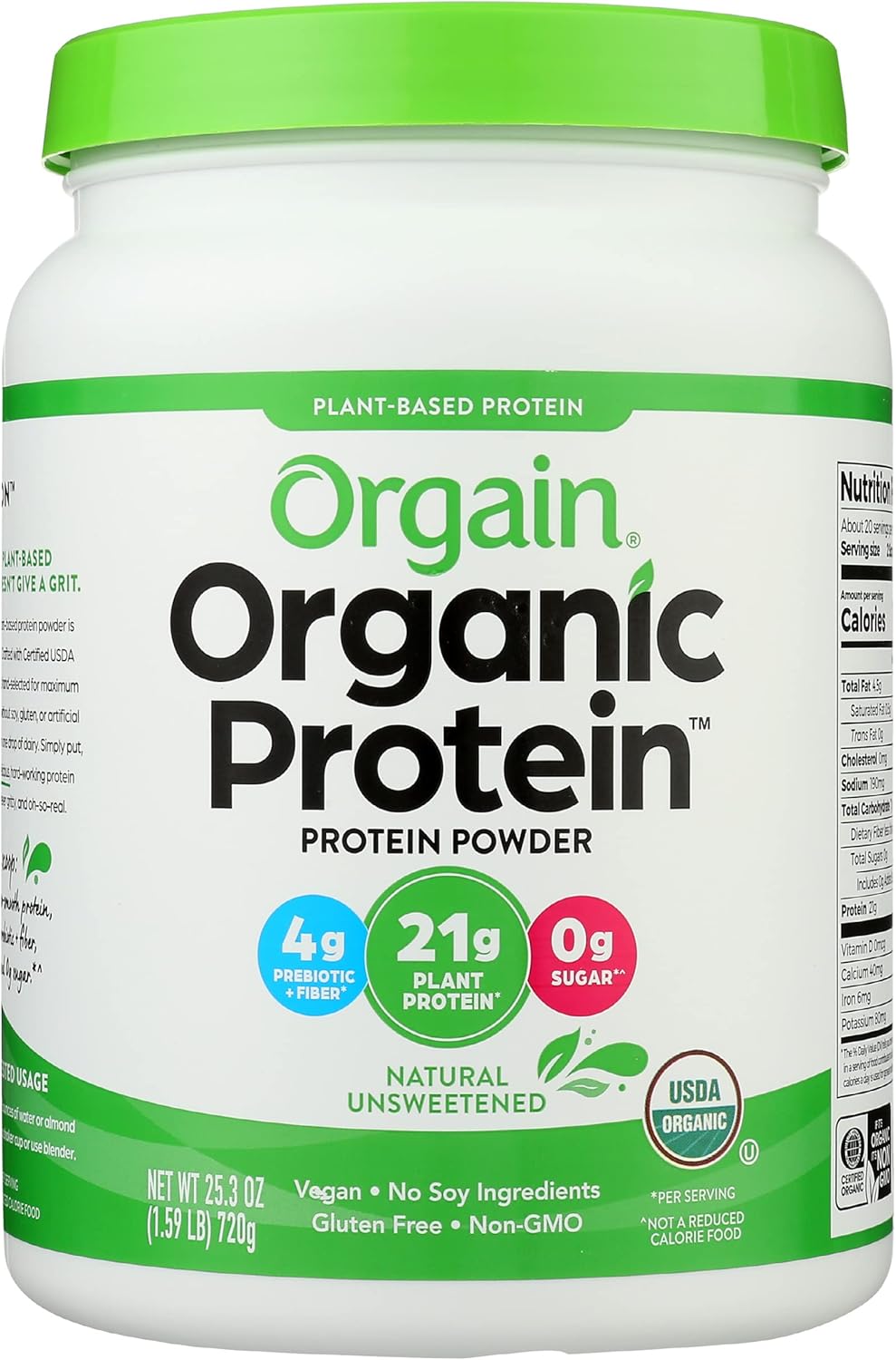 Orgain Organic Plant-Based Protein Powder, Natural Unsweetened, USDA Certified Organic, Vegan, Gluten Free & Non-GMO, 25.3 Ounce