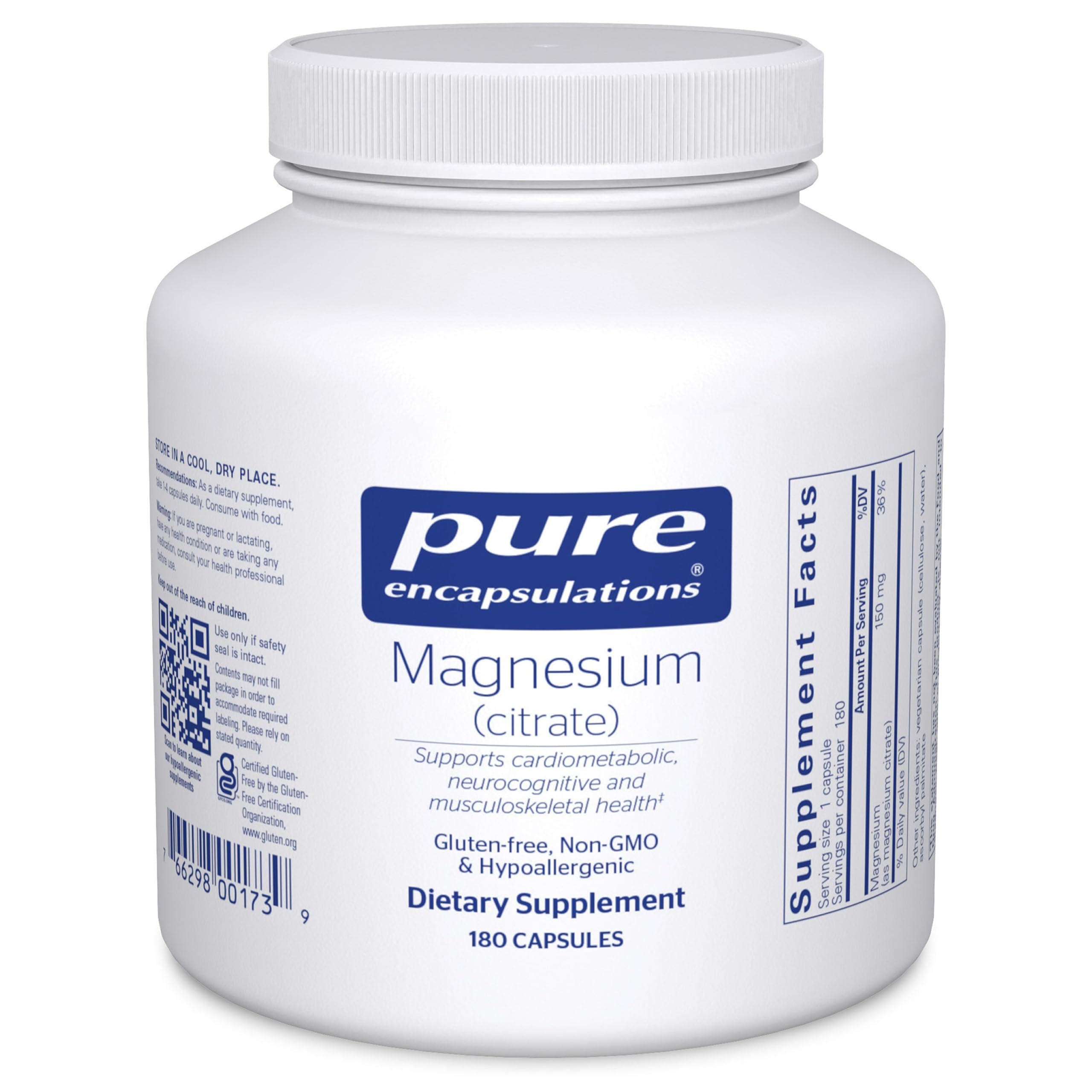 Pure Encapsulations Magnesium (Citrate) - Supplement for Sleep, Heart Health, Cognitive Health, Bone Health, Energy, Muscles, and Metabolism* - with Premium Magnesium - 180 Capsules