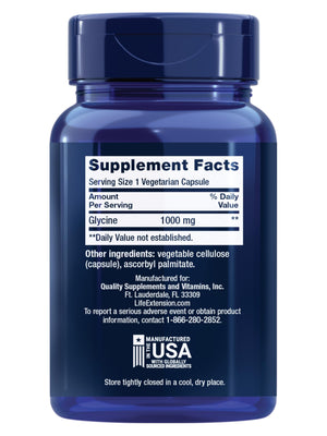 Life Extension Glycine, 1000 mg, Amino Acid That Promotes Healthy Sleep, Gluten-Free, Non-GMO, Vegetarian, 100 Capsules