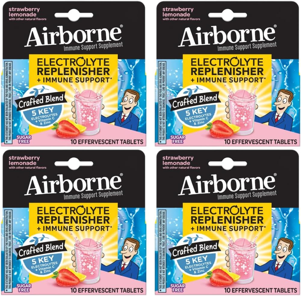 Airborne Immune Support Supplement with Electrolytes Vitamin C Zinc, Sugar Free Effervescent Replenisher – 10 Fizzy Drink Tablets (Strawberry Lemonade)