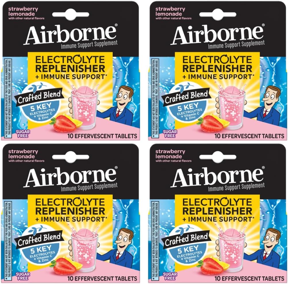 Airborne Immune Support Supplement with Electrolytes Vitamin C Zinc, Sugar Free Effervescent Replenisher – 10 Fizzy Drink Tablets (Strawberry Lemonade)