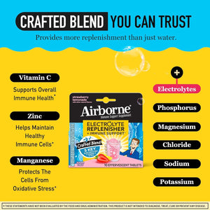 Airborne Immune Support Supplement with Electrolytes Vitamin C Zinc, Sugar Free Effervescent Replenisher – 10 Fizzy Drink Tablets (Strawberry Lemonade)