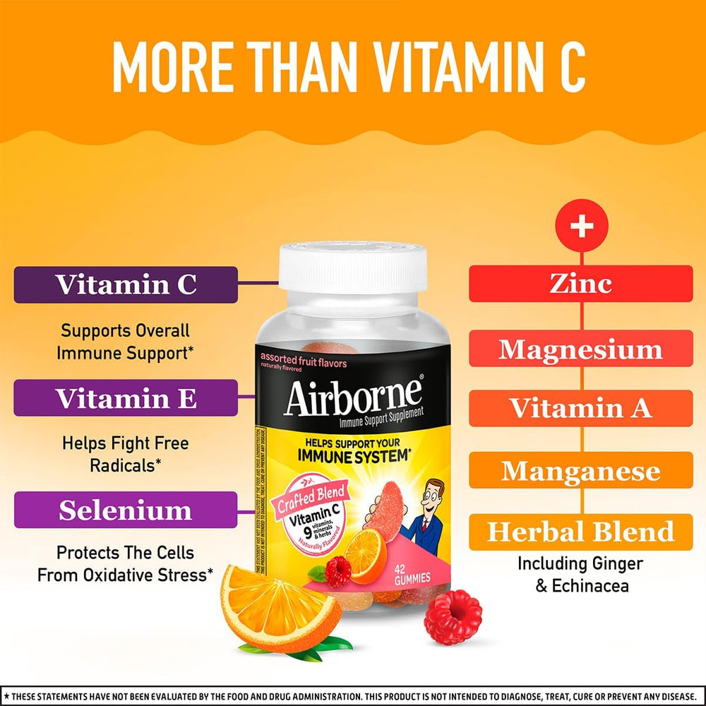 Airborne 750mg Vitamin C Immune Support Supplement Gummies for Adults, Assorted Fruit Flavor, Gluten Free Crafted Blend with Powerful Antioxidants Vitamins A C & E, 42 Gummies (2 Pack)