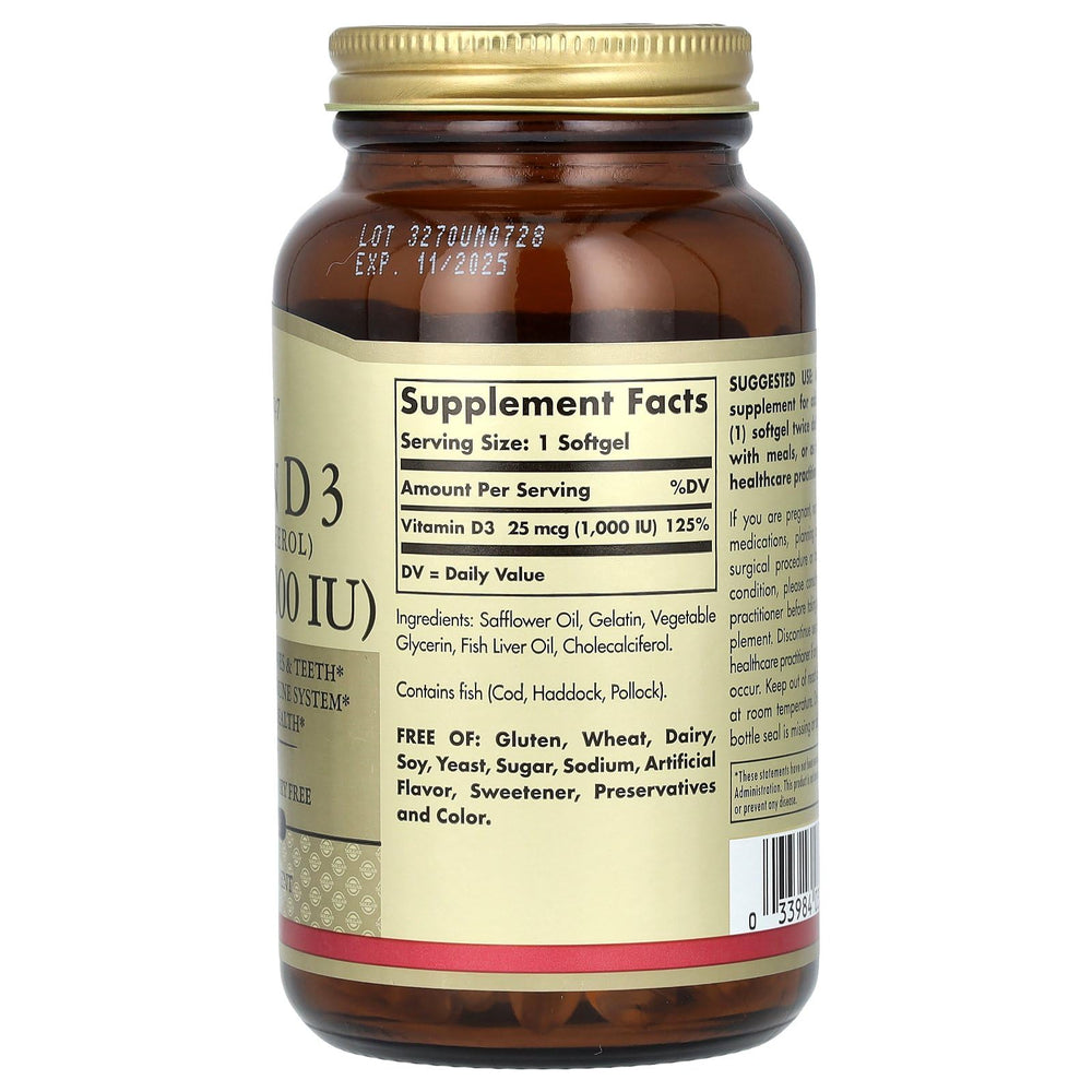 Solgar Vitamin D3 (Cholecalciferol) 25 MCG (1000 IU), 250 Softgels - Helps Maintain Healthy Bones & Teeth - Immune System Support - Non-GMO, Gluten-Free, Dairy Free - 250 Servings