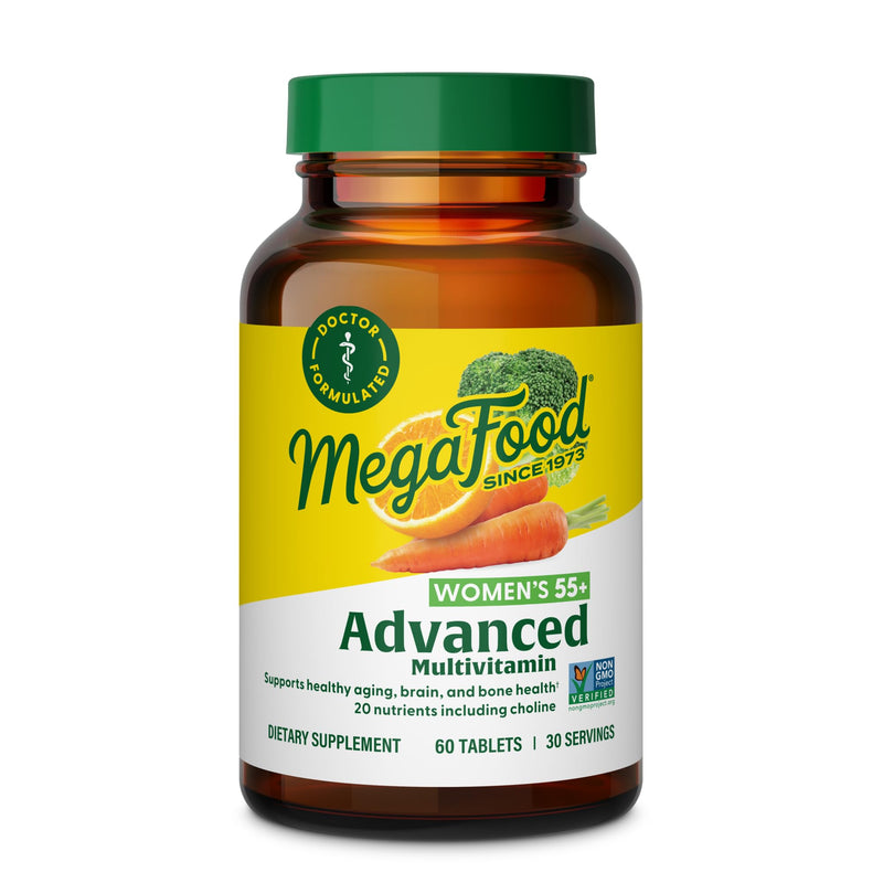 MegaFood Advanced Multivitamin for Women 55+, Womens Multivitamin, Methylated B12, Methyl folate, Choline, Vitamin D3, Biotin, Healthy Aging, Brain & Bone Health, Vegetarian, 120 Tablets (60 Servings)