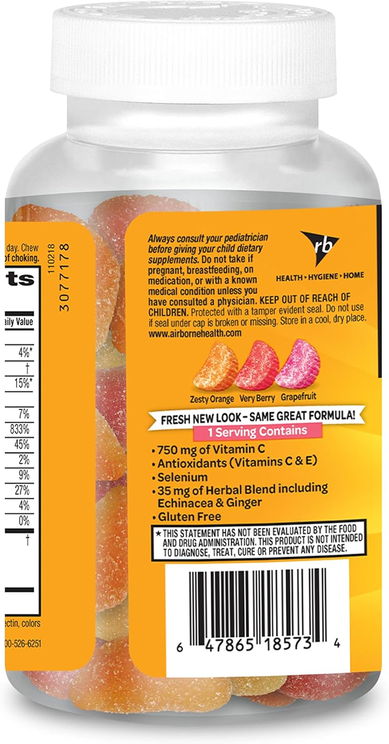 Airborne Vitamin C 750mg (per Serving) Assorted Fruit Flavored Gummies (42 Count in a Bottle), Gluten-Free Immune Support Supplement with Vitamins A C E, Selenium, Echinacea & Ginger