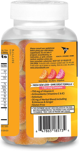 Airborne Vitamin C 750mg (per Serving) Assorted Fruit Flavored Gummies (42 Count in a Bottle), Gluten-Free Immune Support Supplement with Vitamins A C E, Selenium, Echinacea & Ginger
