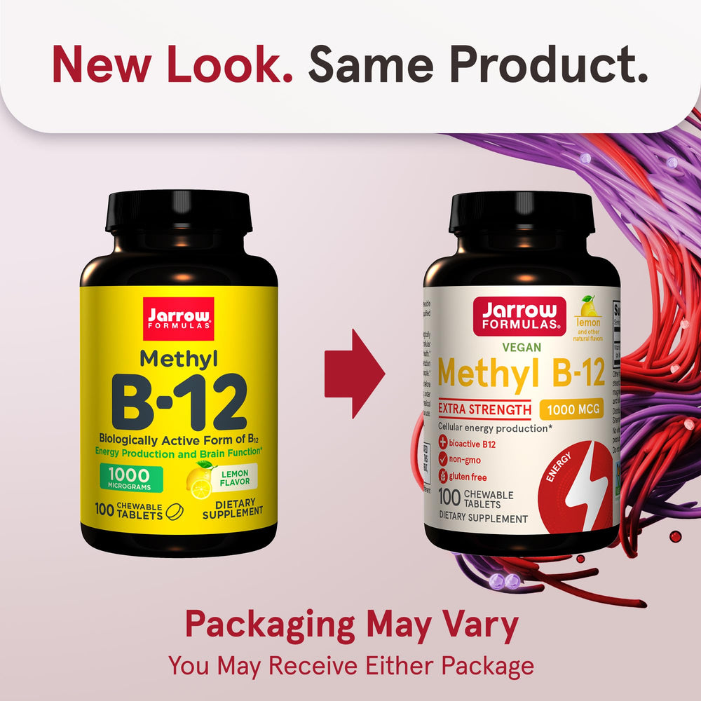 Jarrow Formulas Extra Strength Methyl B-12, Dietary Supplement for Cellular Energy Production, 100 Lemon-Flavored Chewable Tablets, Up to a 100 Day Supply, Pack of 12