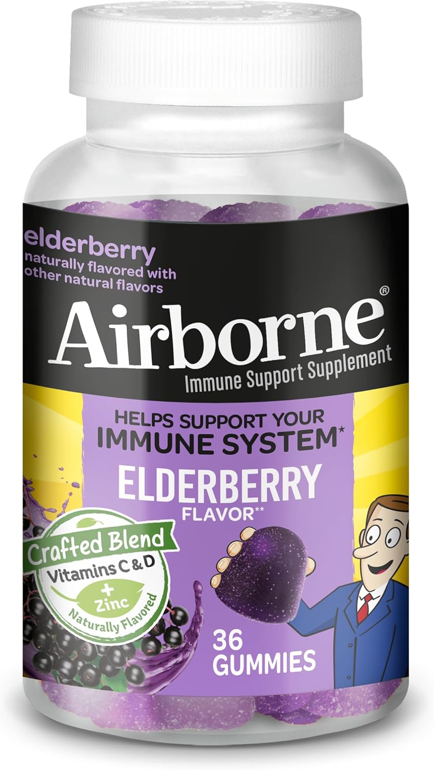 Airborne Elderberry + Zinc & Vitamin C Gummies for Adults, Immune Support Vitamin D & Zinc Gummies with Powerful Antioxidant Vitamins C D & E - 36 Gummies, Elderberry Flavor