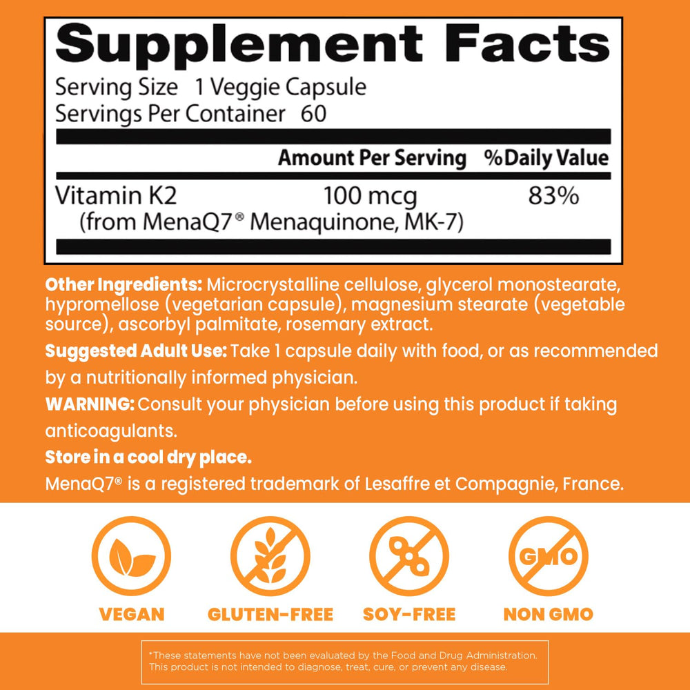 Doctor's Best Natural Vitamin K2 Mk-7 with MenaQ7, 100mcg Vitamin K2 Supplement Supports Bone Health, Non-GMO, 60 Veggie Capsules