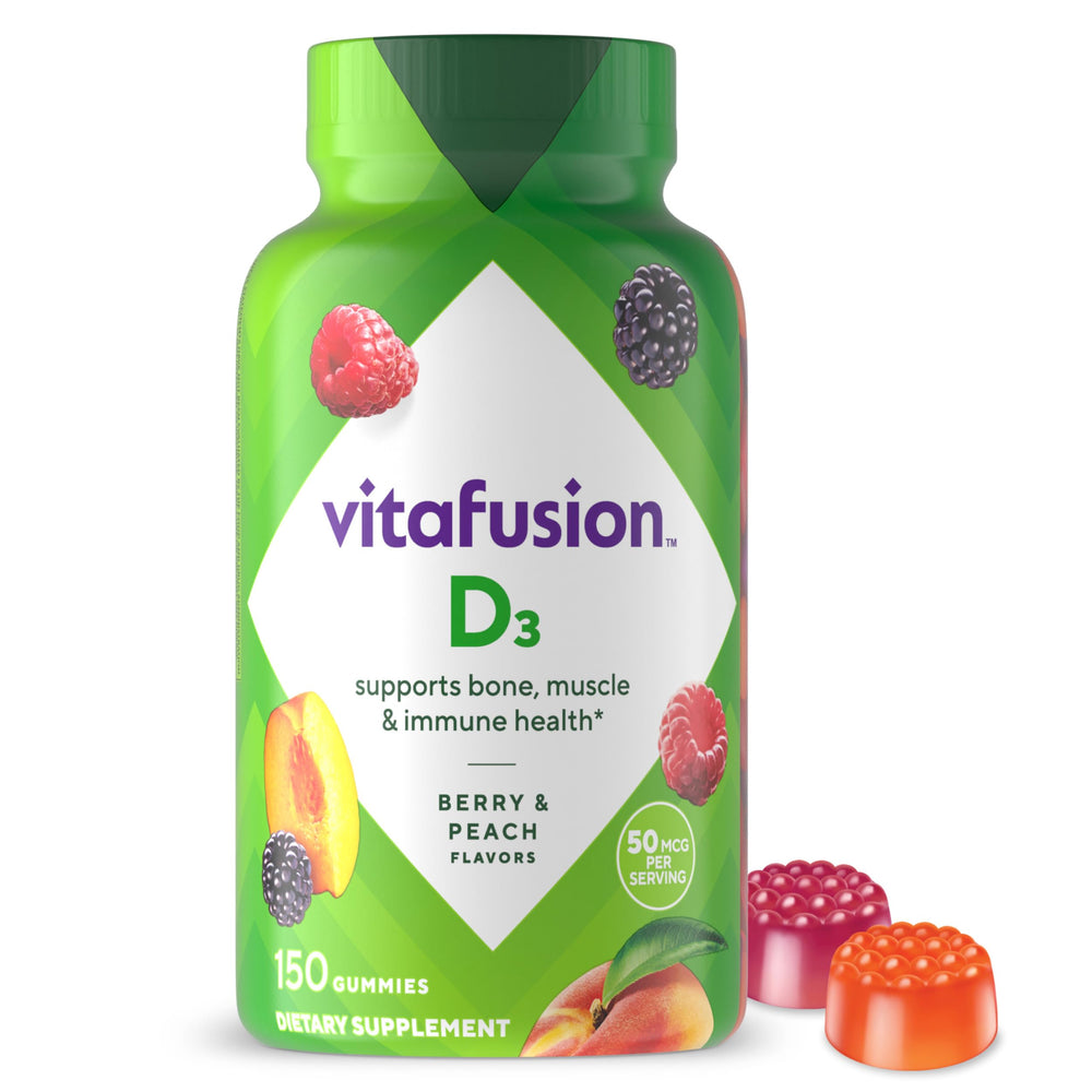 vitafusion Vitamin D3 Gummies, Bone and Immune Support, Peach, Blackberry, Strawberry Flavored, 50 mcg D3 Gummy Vitamin Supplement, 75 Day Supply, 150 Count