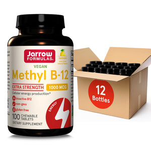 Jarrow Formulas Extra Strength Methyl B-12, Dietary Supplement for Cellular Energy Production, 100 Lemon-Flavored Chewable Tablets, Up to a 100 Day Supply, Pack of 12