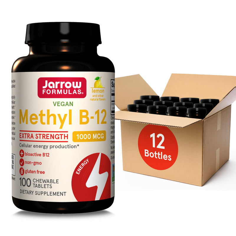 Jarrow Formulas Extra Strength Methyl B-12, Dietary Supplement for Cellular Energy Production, 100 Lemon-Flavored Chewable Tablets, Up to a 100 Day Supply, Pack of 12