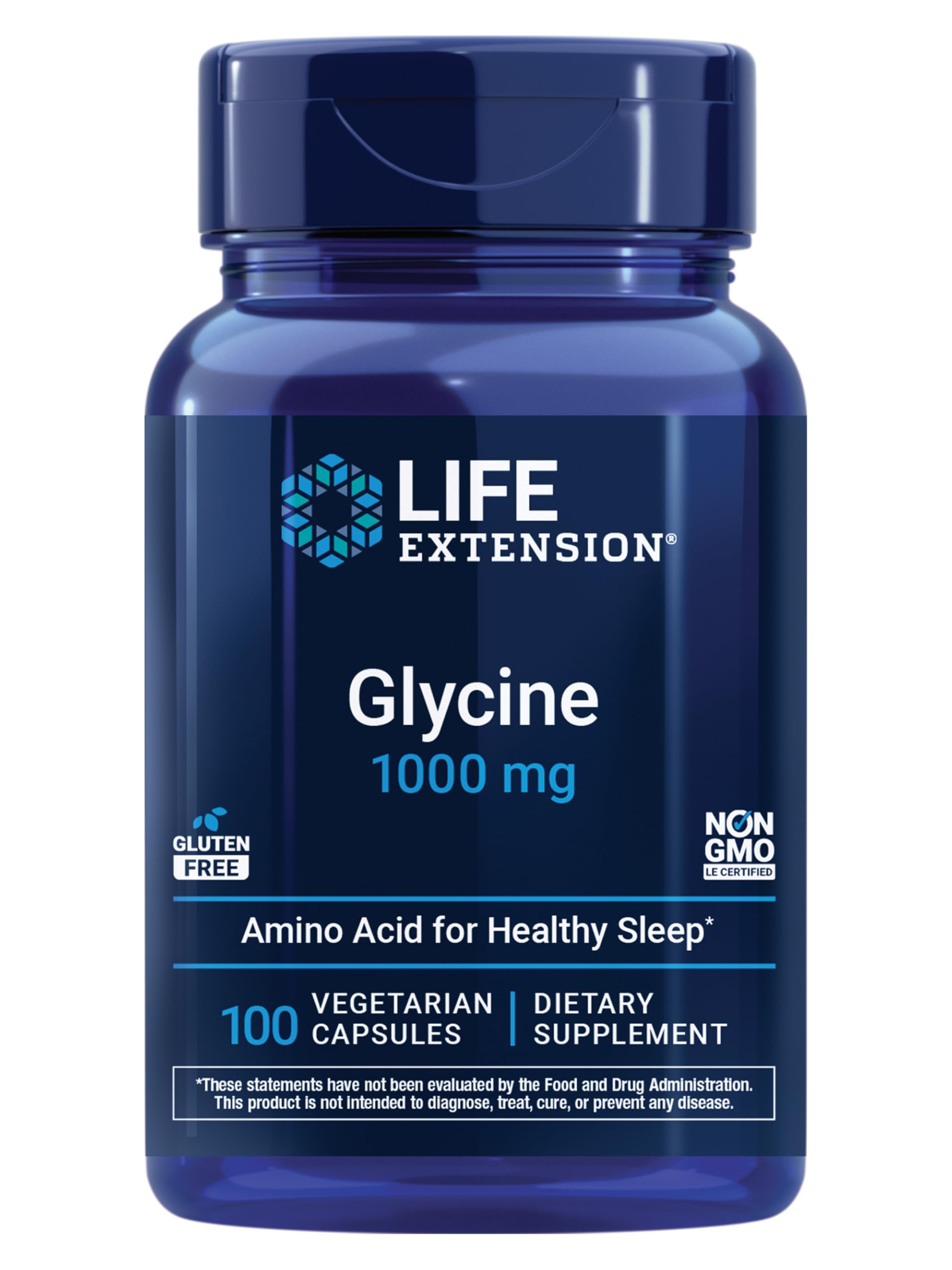 Life Extension Glycine, 1000 mg, Amino Acid That Promotes Healthy Sleep, Gluten-Free, Non-GMO, Vegetarian, 100 Capsules